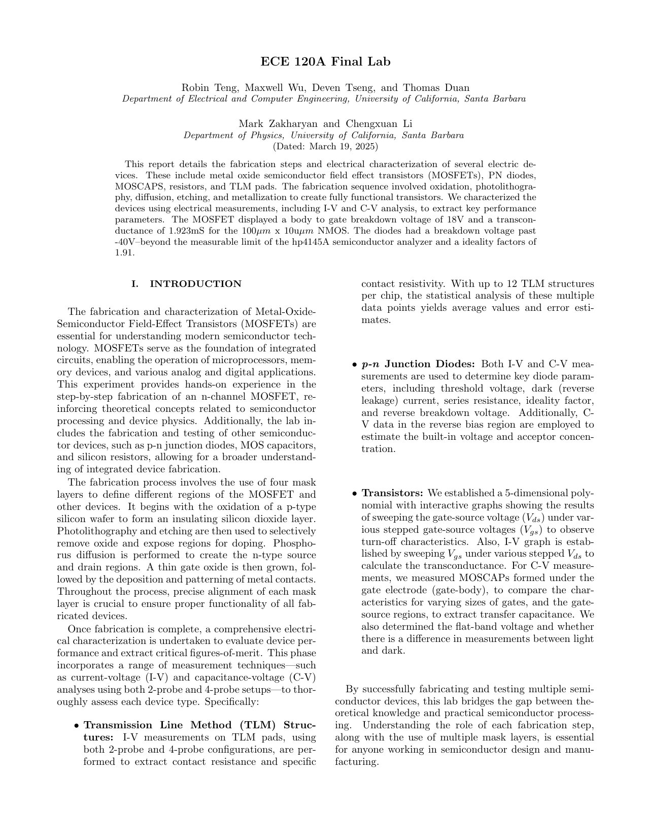 First page of the ECE 120A final lab report